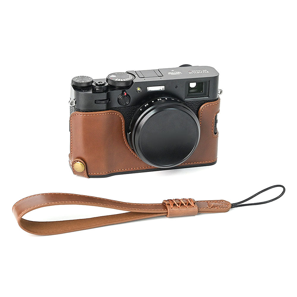 For Fuji X100V Bottom Case Battery Opening Design PU Leather Camera Half Body Cover + Wrist Strap For Fuji X100V Bottom Case Battery Opening Design PU Leather Camera Half Body Cover + Wrist Strap